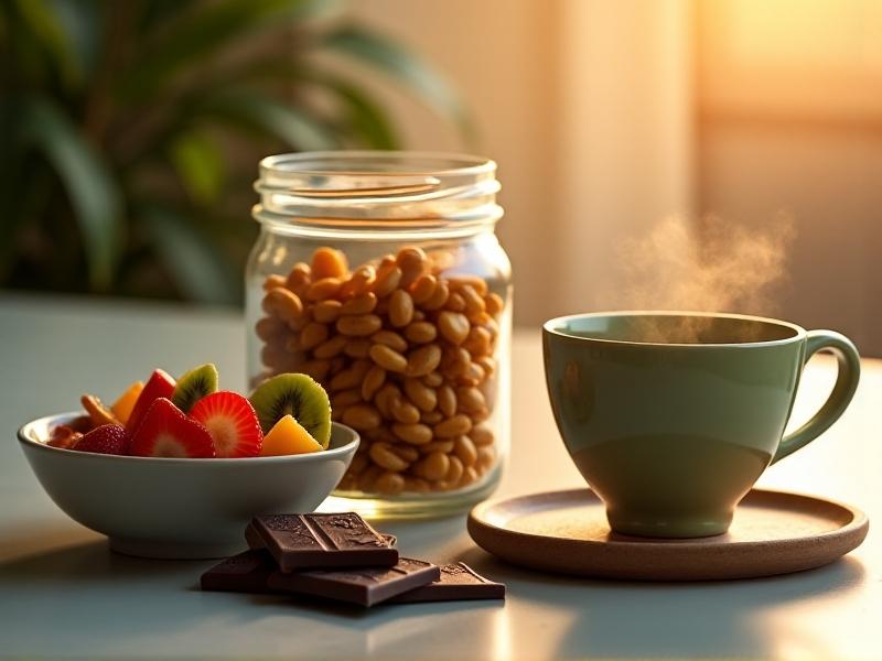 A curated selection of snacks on a minimalist desk: roasted pumpkin seeds in a glass jar, sliced kiwi and strawberries in a ceramic bowl, dark chocolate squares, and green tea in a mug. Warm lighting creates an inviting, productivity-focused atmosphere.