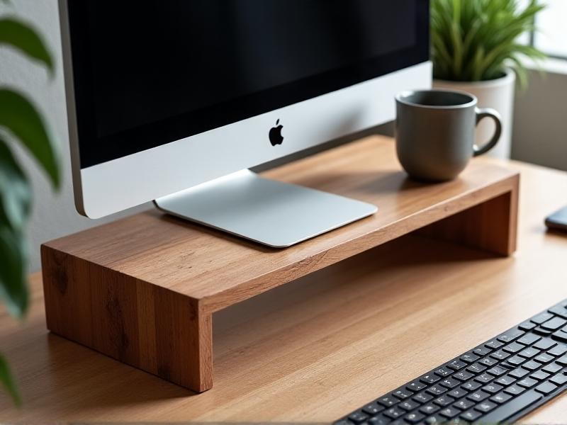 A rustic wooden monitor stand with a natural finish, holding a silver laptop and a coffee mug. Sawdust lingers on a workbench in the background, with tools like a saw and measuring tape visible. Warm overhead lighting highlights the wood grain.