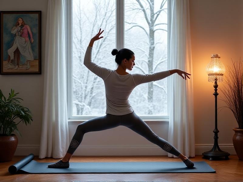 A middle-aged woman wearing thermal layers performs a dynamic chest-opening stretch indoors, her breath visible in the cold air. Through a frost-rimmed window, a snow-covered pine tree is visible under soft gray daylight. A steaming mug of tea sits beside a rolled-up yoga mat on hardwood flooring.
