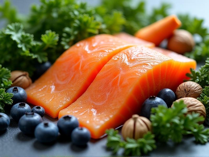 A vibrant still-life composition featuring fresh foods rich in anti-inflammatory nutrients: salmon fillets with visible omega-3-rich oils, leafy greens like kale and spinach, bright orange turmeric root, walnuts, and blueberries. Soft natural lighting highlights textures and colors, creating a sense of vitality and nourishment.