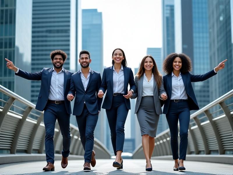 A multiethnic team of five professionals walking across a modern urban bridge, dressed in business-casual attire, smiling and gesturing animatedly. The city skyline and glass office buildings in the background reflect innovation and teamwork.