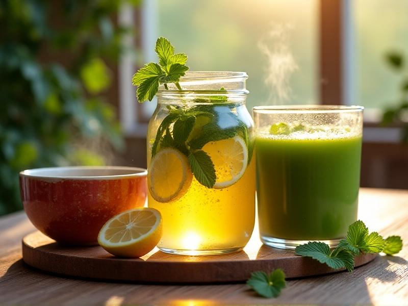 A rustic table setting featuring a mason jar of cucumber-mint infused water, a steaming cup of chamomile tea with lemon, and a vibrant green smoothie in a tall glass garnished with a celery stalk. Natural shadows and soft focus evoke refreshment and vitality.