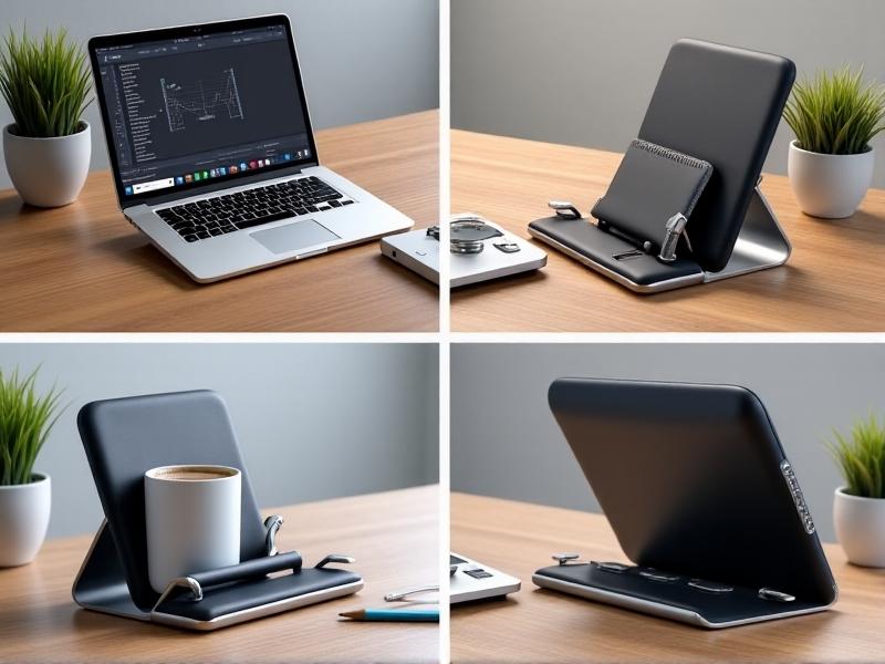 A split-image collage showing three types of document holders: a sleek metal in-line holder with adjustable tilt, a freestanding vertical holder with a clamp, and a portable foldable holder. Each is photographed on a modern desk with a laptop, notebook, and coffee mug, under bright studio lighting emphasizing texture and adjustability.