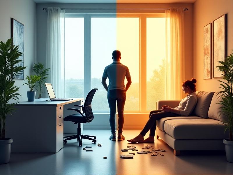 Split image contrasting a person with upright posture at a standing desk versus another slouching on a couch, ergonomic workspace with plants and natural light, visual emphasis on spinal curvature and diaphragmatic breathing.