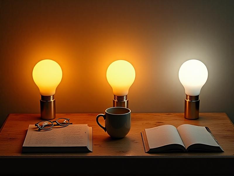 A side-by-side comparison of three lamps: an incandescent bulb with a warm golden glow, a daylight-balanced LED panel with crisp white light, and a fluorescent tube under a frosted diffuser. The setting is a wooden table with a notebook, glasses, and a coffee mug, rendered in realistic detail with soft shadows and texture highlights.