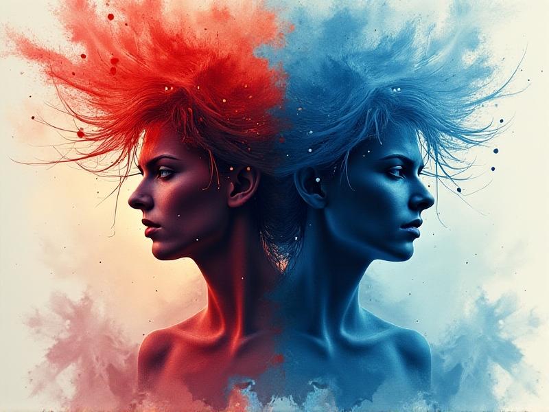 A split-view artistic rendering: the left side shows a stressed person with red tension lines radiating from their head and shoulders; the right side depicts the same person meditating with cool blue waves soothing their body. Background: abstract watercolor textures in contrasting warm and cool palettes. Style: expressive symbolism with dynamic brushstrokes.