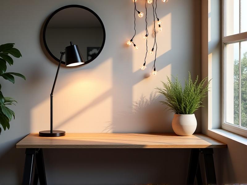 A cozy corner office with a compact wooden desk lit by a sleek black adjustable task lamp. A round mirror on the adjacent wall reflects sunlight from a nearby window, brightening the space. Soft string lights drape across a floating shelf, adding a touch of warmth. The palette features soft grays and warm woods, creating a calm, focused atmosphere.