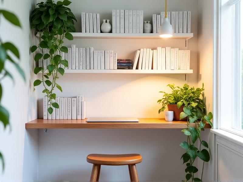 A small home office featuring floor-to-ceiling white floating shelves filled with books, labeled storage boxes, and a trailing pothos plant. A narrow wooden desk folds down from the wall, accompanied by a matching stool. Warm ambient lighting from a pendant lamp casts a cozy glow, enhancing the room’s efficient yet inviting vibe.
