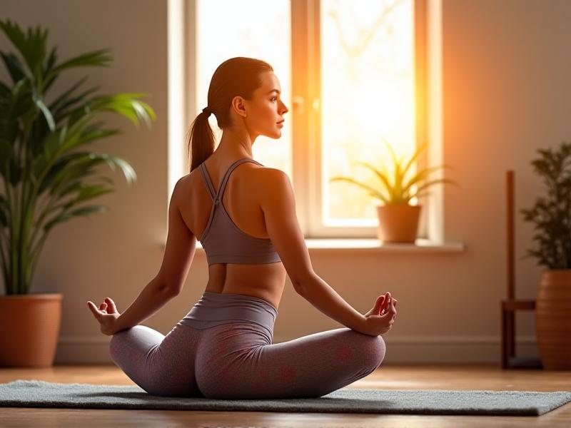 A yoga mat with foam roller, resistance bands, and a glass water bottle arranged beside a window where golden sunrise light spills onto a woman in athleisure performing a chest-opening stretch.