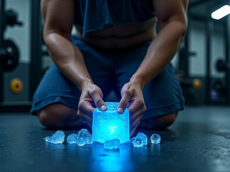 An athlete in a gym setting applying a blue gel ice pack to their swollen knee. The image features sharp focus on the ice pack’s texture, with condensation droplets and a faint mist. Bright overhead lighting contrasts with cool tones, emphasizing recovery.