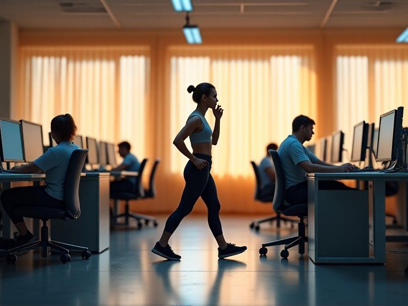 A time-lapse collage showing a person incorporating small movement breaks into their workday: standing to stretch, doing chair squats, and walking while taking a phone call. The warm-toned vignettes contrast with a cool-gray office environment, emphasizing actionable interventions.