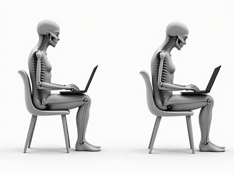 An anatomical illustration showing proper vs. improper posture while using a laptop, with labels highlighting spine curvature, shoulder tension, and neck angle, using a clean medical art style with neutral backgrounds.