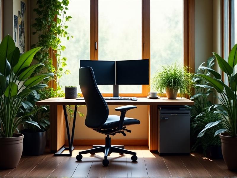 A modern home office setup with an ergonomic chair, adjustable desk, dual monitors at eye level, and a keyboard tray, surrounded by plants and natural light. The chair features lumbar support and armrests aligned with the desk, while a footrest sits under the desk. Warm wood tones and greenery contrast with sleek tech gadgets.