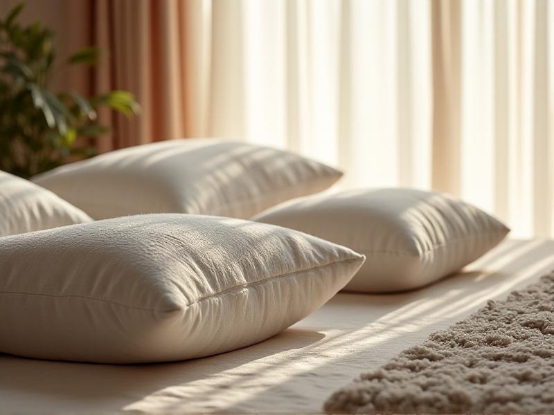Three pillows arranged on a bed: a shredded memory foam pillow, a contoured cervical pillow, and a down-alternative pillow. Natural daylight illuminates their textures, emphasizing support options for different sleep preferences.