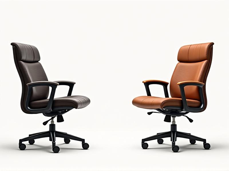A split-image infographic comparing a poorly constructed office chair with cracked leather and uneven legs to a robust wooden chair with a removable seat cushion. Arrows label key components like seat pan depth, backrest angle, and armrest stability.