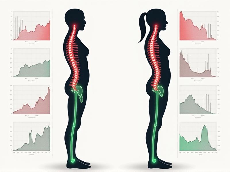 A side-by-line silhouette comparison: left figure shows ideal alignment with green checkmarks, right figure has red markers highlighting a forward head, rounded shoulders, and slouched spine. Background graphs show rising stress hormones and muscle activation. The art style uses clean vectors with translucent anatomical overlays.