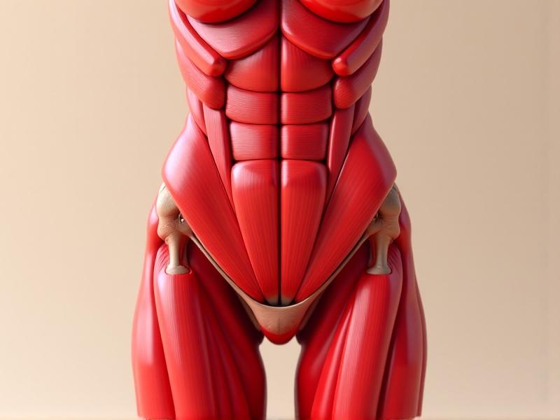 A detailed 3D anatomical illustration of the human core muscles in a seated position, showcasing the transverse abdominis, obliques, and pelvic floor in vibrant red tones against a neutral background, emphasizing their layered structure and connectivity.