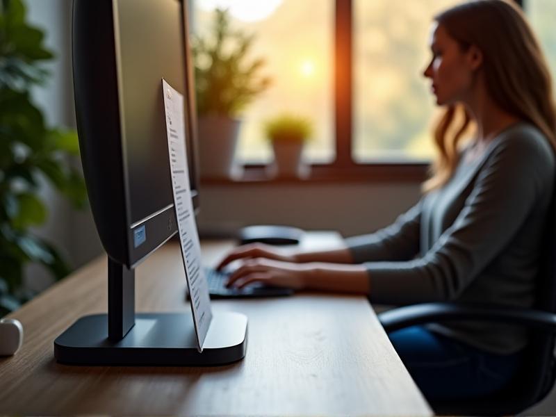 A step-by-step photographic series showing hands adjusting a black metal document holder beside a curved ultrawide monitor. The final image shows a relaxed person typing while glancing at the elevated document, with morning light streaming through nearby windows.