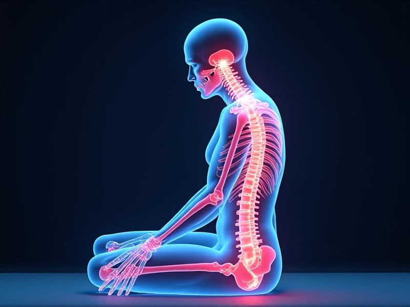 A 3D rendered diagram of a human body in seated position, with glowing lines highlighting joint angles. Cool-toned gradients show force distribution, while annotations explain spinal alignment and muscle engagement.