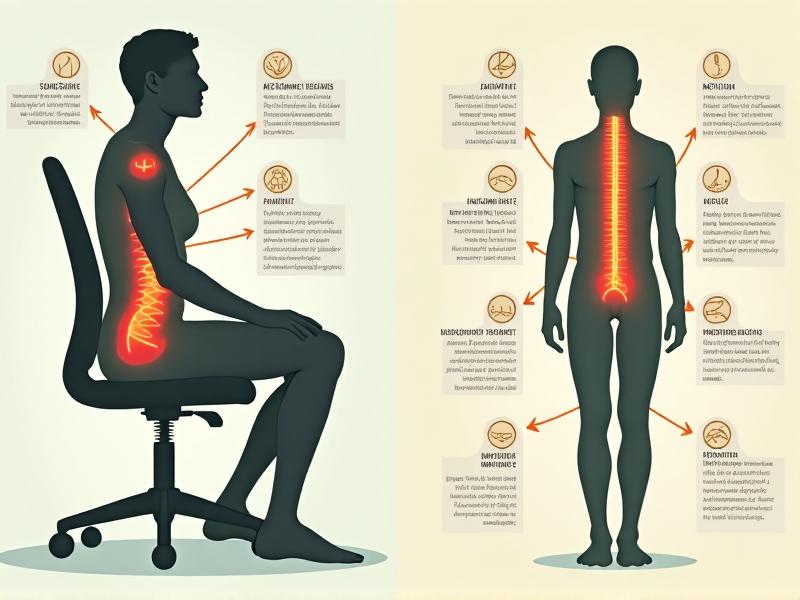 An infographic comparing muscle activation in sitting versus standing postures. The sitting figure highlights red zones in the lower back and neck, while the standing figure shows orange stress points in the knees and calves. Arrows indicate energy flow, with annotations detailing metabolic rates. The design is technical yet approachable, using clean lines, muted tones, and minimalist icons for clarity.