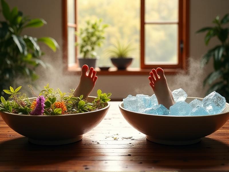 A pair of feet submerged in two basins: left in steaming water with herbal leaves, right in icy water with floating cubes. Sunlight streams through a window, casting rippled reflections on wooden floors. Earthy tones dominate the scene.