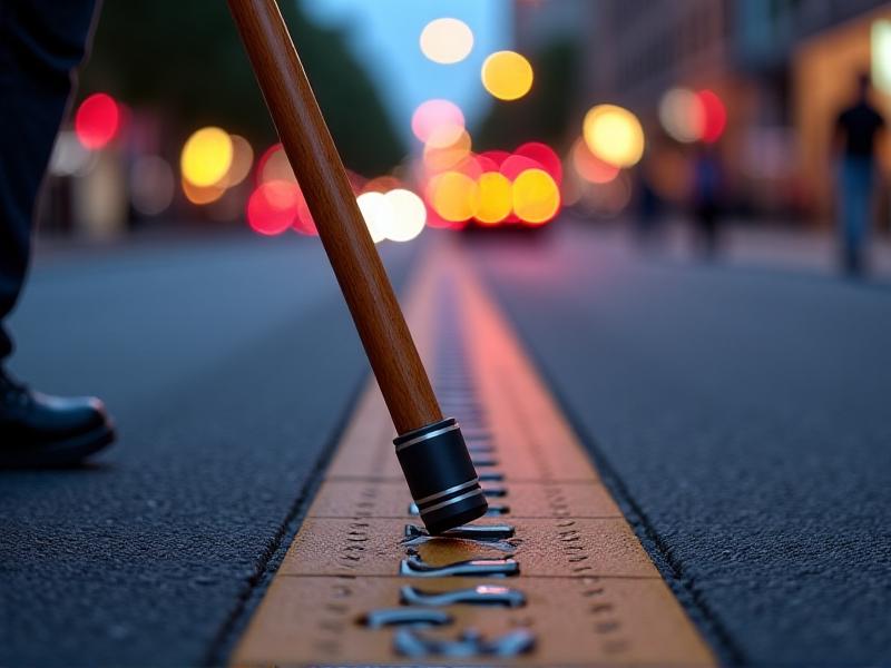 Close-up of a person’s cane tapping on textured pavement tiles near a crosswalk, with blurred traffic lights in the background. The image highlights tactile navigation aids under soft evening light, emphasizing inclusivity in urban design.