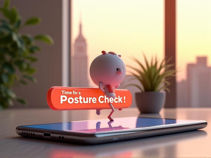 A 3D render of a smartphone displaying a notification that reads 'Time for a Posture Check!' alongside an animated avatar demonstrating shoulder rolls. The background shows a minimalist office setup with warm natural lighting, conveying both professionalism and approachability.