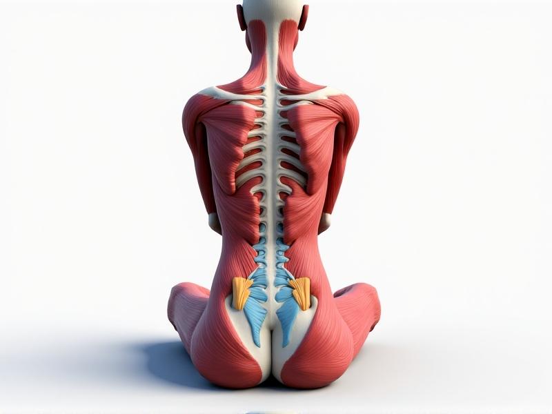 A detailed 3D render of the lower back and pelvic muscles from a posterior view, color-coded to show muscle groups activated during sitting. Rendered in a medical textbook style with crisp shadows and labels. The background is clean white, emphasizing clarity for educational purposes.