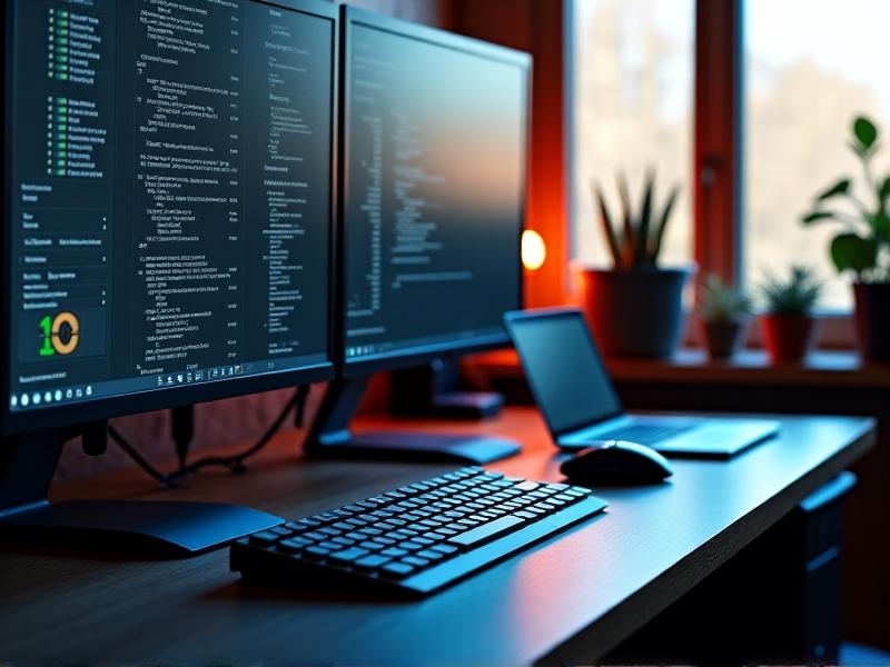 A dual-monitor setup with screens aligned at eye level, measured by a laser distance meter on the desk. A split keyboard shows a slight negative tilt, and a small angle finder rests near a notebook. Cool-toned LED desk lighting contrasts with warm sunlight, illustrating a balance between technology and natural comfort.