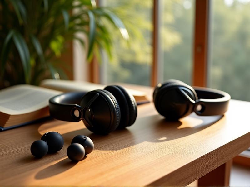 Three headsets displayed side-by-side on a minimalist desk: over-ear (plush padding, metallic frame), on-ear (sleek black with adjustable band), and in-ear (wireless earbuds with silicone tips). Natural daylight highlights texture contrasts.