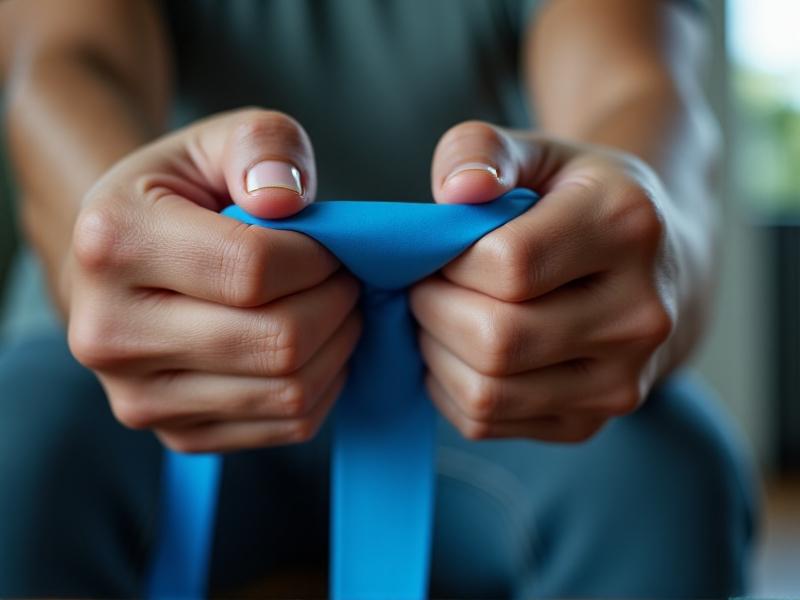 Close-up of hands using a blue resistance band for wrist extension exercises, with a blurred background of a tidy workout space. Emphasis on tension in the band and correct hand positioning.