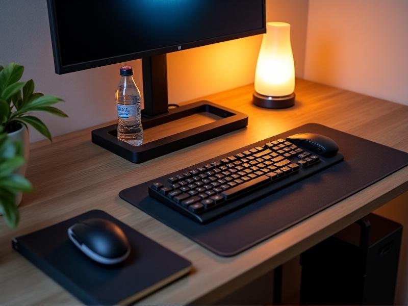 A well-organized desk with an adjustable standing desk, ergonomic keyboard, monitor arm, and wrist rest. The setup includes a water bottle, notebook, and desk lamp with soft amber lighting. The mat under the desk has a textured surface for comfort, and the room has neutral tones with a focus on functionality.
