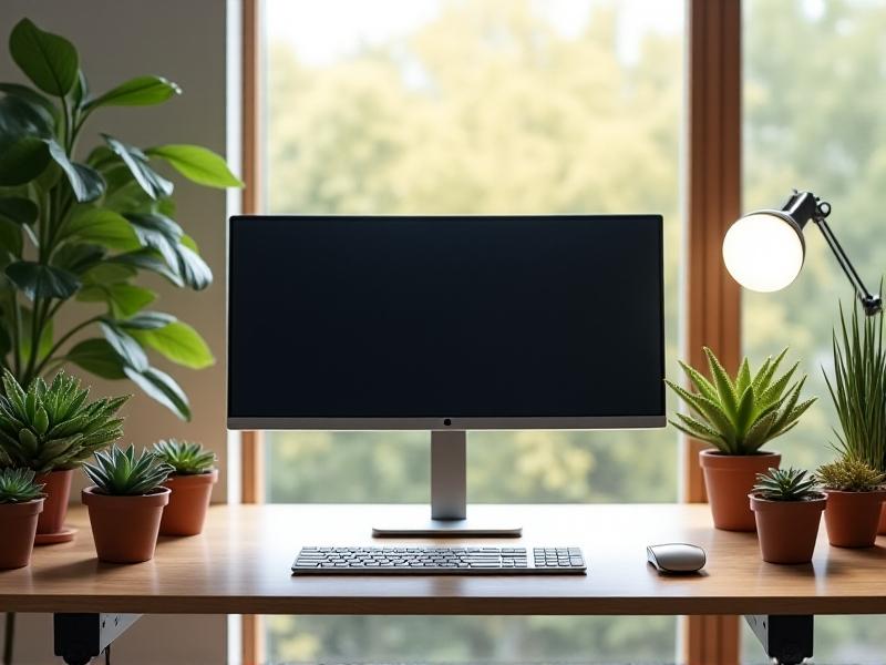 A minimalist desk setup with an adjustable monitor arm, ergonomic keyboard, and potted succulents. Natural light from a large window illuminates the space, contrasting with soft desk lamp warmth.