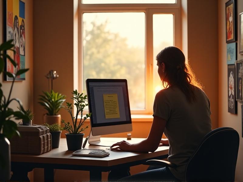 A time-lapse sequence of a person transitioning from slouched to upright posture at a standing desk. Morning light shifts to dusk outside a window, emphasizing consistency. Sticky notes with reminders like 'breathe' and 'relax shoulders' decorate the workspace, blending practicality with visual motivation.