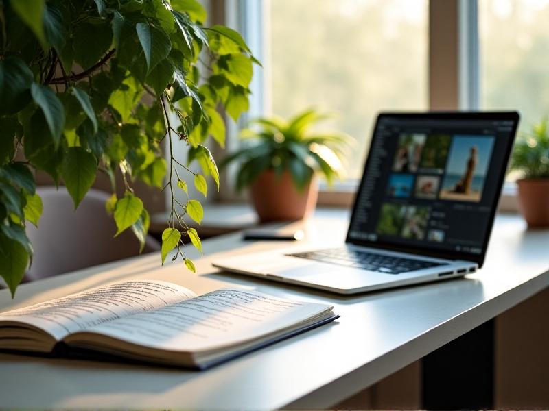 An ergonomic workstation featuring an adjustable standing desk, lumbar-support chair, and external keyboard. A plant and notebook sit beside a laptop aligned at eye level. Morning light casts soft shadows, creating an inviting and organized environment.
