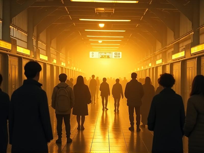 A crowded train platform with a digital display flashing departure times, passengers turning their heads toward the source of a loudspeaker announcement. Warm yellow lights contrast with cool blue train exteriors, capturing urgency and auditory-driven movement.