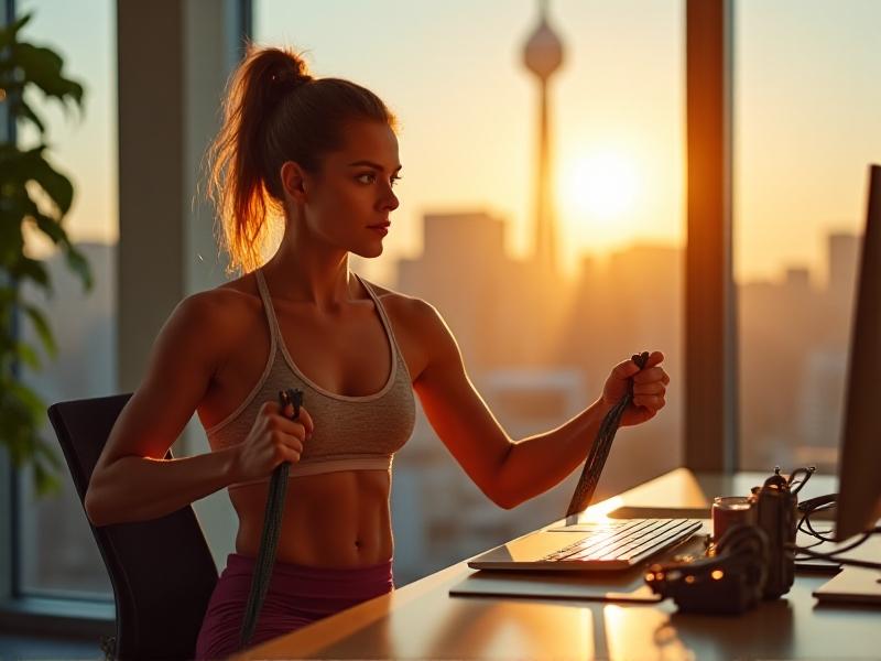 A time-lapse sequence of a person performing seated resistance band exercises at a desk. Morning sunlight streams through windows, casting dynamic shadows. Realistic photo style with vibrant colors and a motivational, energetic atmosphere.