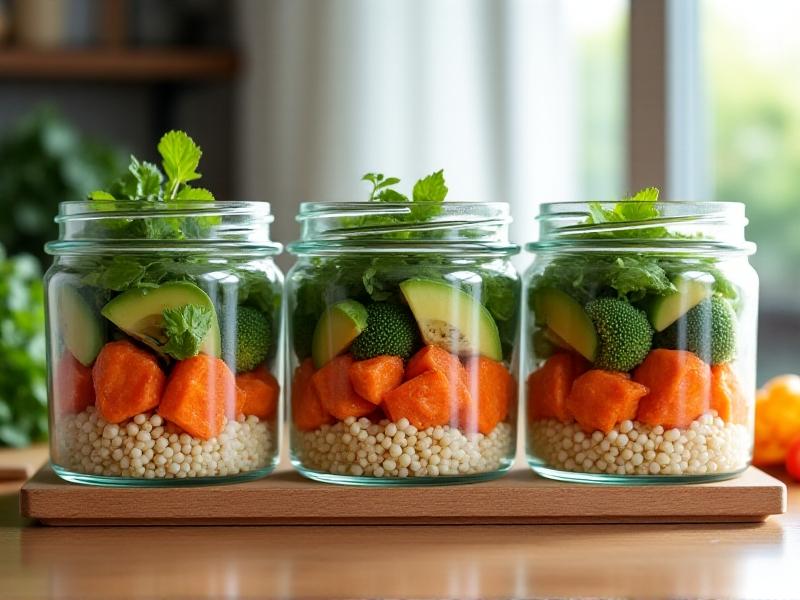 A weekly meal prep layout with glass containers holding grilled salmon, quinoa, roasted sweet potatoes, steamed broccoli, and avocado slices. Fresh herbs garnish the dishes, and natural sunlight streams through a kitchen window, highlighting the meal’s balance and freshness.