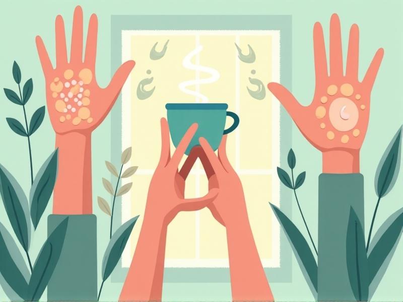 A collage of hands performing quick stress-relief actions: fingers pressing acupressure points, a person sipping tea while gazing out a window, and stretched arms forming a triangle shape. Background: soft pastel grids with floating icons of clocks and breath symbols. Style: flat design with muted tones and gentle shadows.