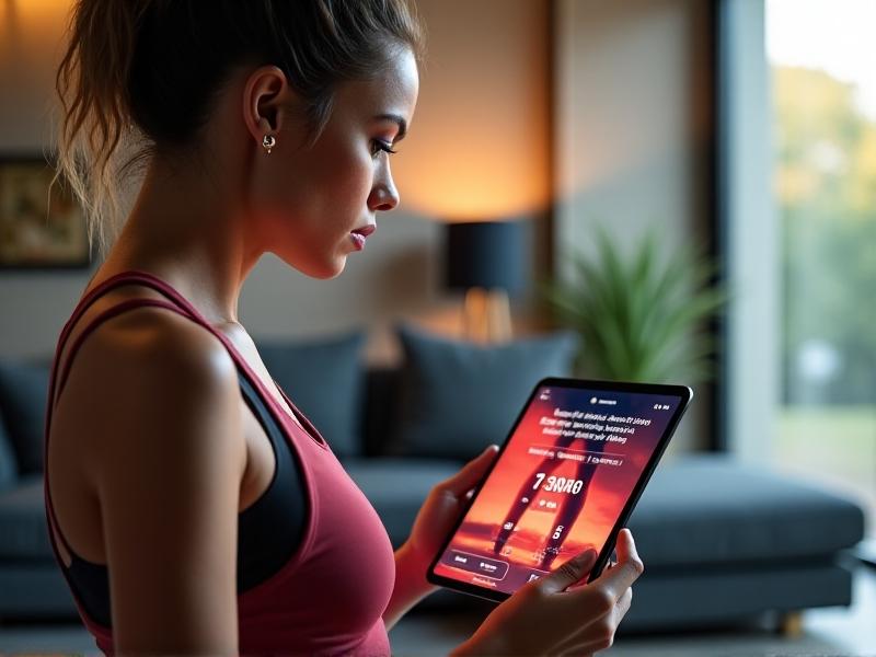 A person interacts with a tablet showing a personalized stretching app interface. The screen displays a progress bar with achievements like '7-Day Streak' and adaptive recommendations like 'Focus Mode Stretches.' Real-world elements blend with digital overlays, showing muscle groups in heatmap colors based on usage data from a smartwatch.
