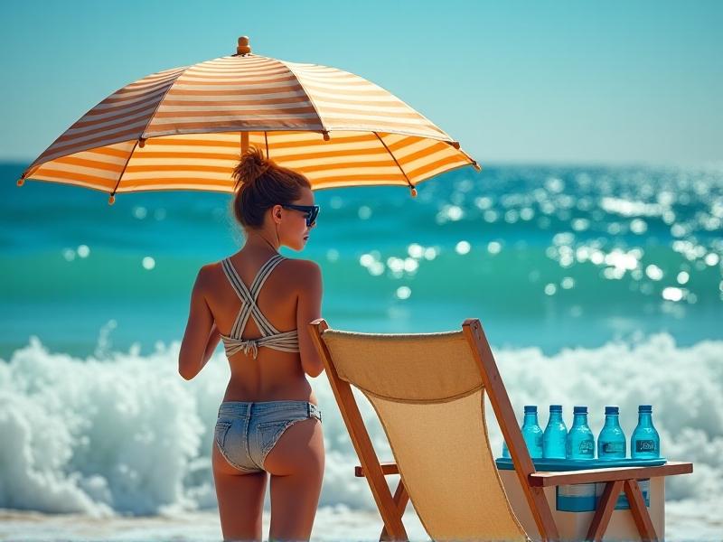 A teenager adjusts a striped umbrella at a sandy beach, demonstrating proper lifting technique by bending knees. Turquoise waves crash behind them as sunlight glints off polarized sunglasses. A mesh beach chair with lumbar support sits beside a cooler stocked with water bottles.