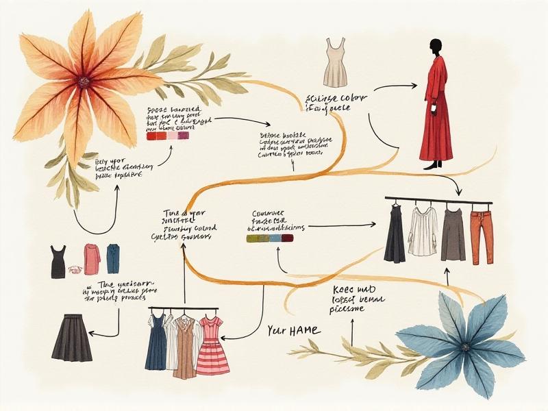 A hand-drawn flowchart showing steps: 1. Assess lifestyle needs 2. Define color palette 3. Choose fabrics 4. Curate versatile basics 5. Add statement pieces, illustrated with watercolor accents on textured paper.