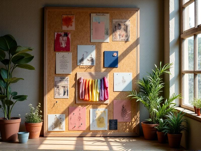 A mood board featuring fabric swatches, color palettes, and lifestyle photos pinned to a corkboard, surrounded by sketches of capsule wardrobe pieces in a sunlit studio workspace.
