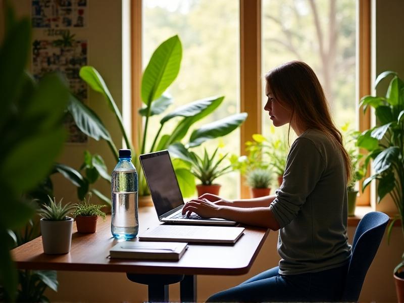 A person adjusting the height of a standing desk in a bright, plant-filled home office. The desk has a laptop, notebook, and water bottle. Natural light streams through a window, creating a warm, motivational atmosphere.
