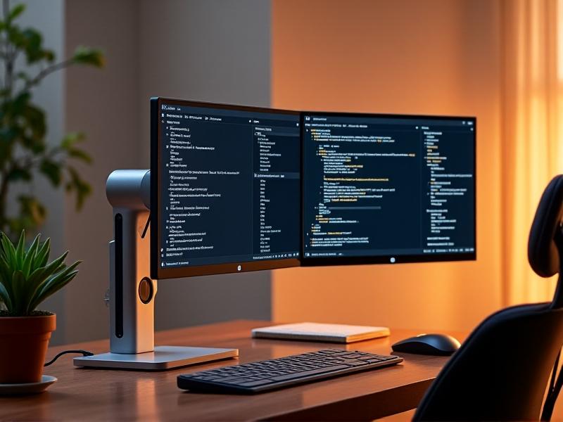 A sleek silver monitor arm holding two ultrawide curved displays in a horizontal setup. The monitors glow with a coding IDE on the left and a web browser on the right. The mahogany desk features a potted succulent, wireless keyboard, and notebook. Soft warm lighting creates a focused atmosphere.
