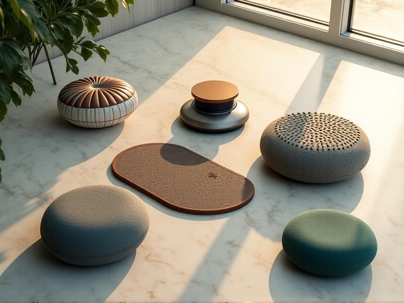 A curated collection of posture aids on a marble surface including a wobble cushion, acupressure mat, posture collar, weighted lap pad, and adjustable footrest with morning sunlight creating soft shadows and highlighting varied textures.