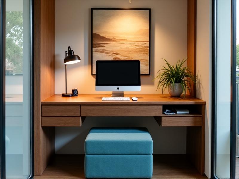 A compact workspace with a sleek walnut desk featuring integrated drawers and a pull-out keyboard tray. A teal upholstered storage ottoman sits beneath, doubling as seating and hidden storage. The backdrop includes a framed abstract art print in earthy tones, adding personality without clutter. Daylight streams in from a glass door, emphasizing the room’s functional simplicity.