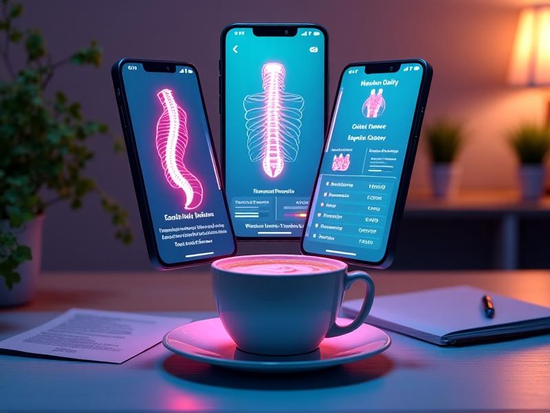 A collage of smartphone screens displaying various posture-tracking apps: a live camera feed analyzing spine curvature, a dashboard with daily progress charts, and animated exercise tutorials. The background is a blurred office setting with a coffee cup, conveying a relatable workspace vibe. Bright, intuitive UI elements dominate, suggesting user-friendly design.