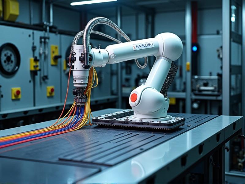 A detailed view of a white cable chain system guiding multiple colored wires along a robotic arm in an industrial workshop. Cool overhead lighting casts sharp shadows, emphasizing the precision of the routing. The image highlights specialized solutions for high-movement, high-stress environments.