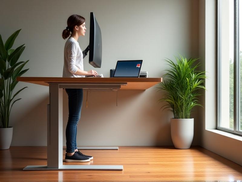 An adjustable standing desk with a monitor arm and laptop dock, cables threaded through a vertical spine attached to the desk leg. Neutral-toned walls and hardwood floors complement the minimalist setup, with a green plant adding vitality. The image captures a balance between ergonomic design and organized cables, supporting fluid transitions between sitting and standing.